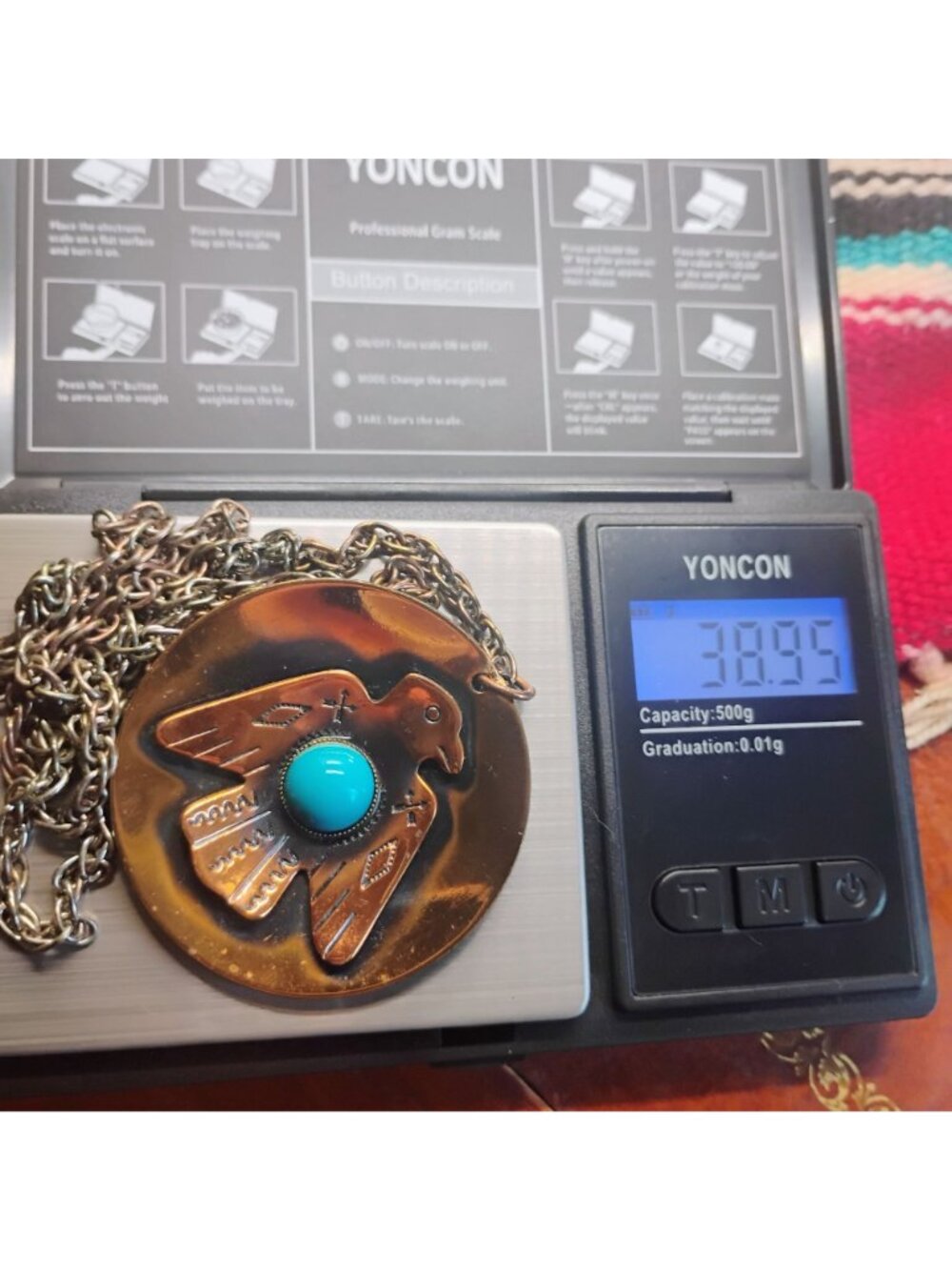 Vtg Copper Thunderbird Medallion Pendant Necklace w/Faux Turquoise 2" Diameter - Picture 5 of 5